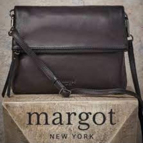 Margot Black Leather Robbie Fold-Over Crossbody Bag